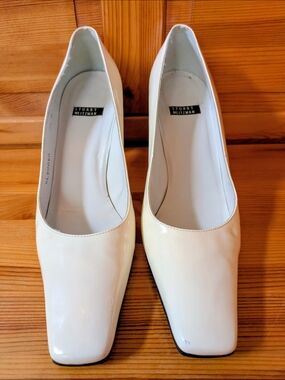 Stuart Weitzman Vintage Ivory Patent Leather Square-Toe Pumps